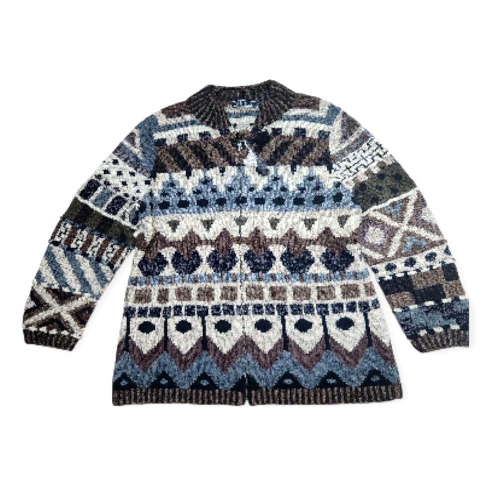 Peruvian Connection 100% Pima Cotton Zip Jacket Cardigan Art To Wear Aztec Sz XL
